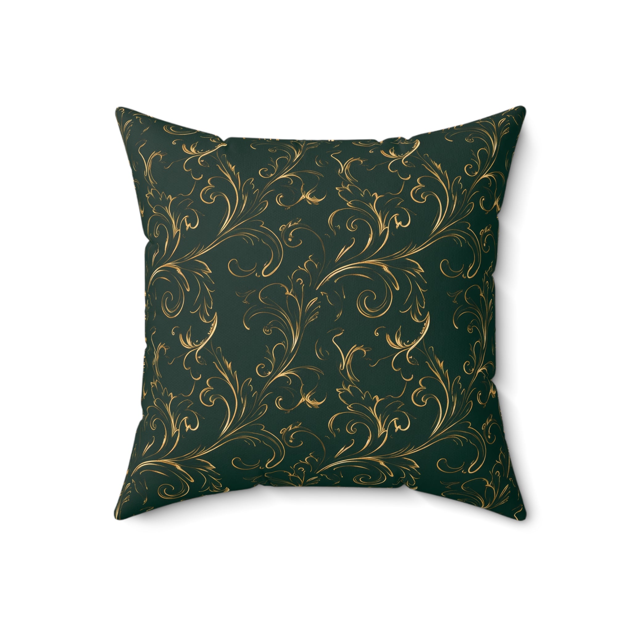 Dark Emerald Gold Flourish Throw Pillow