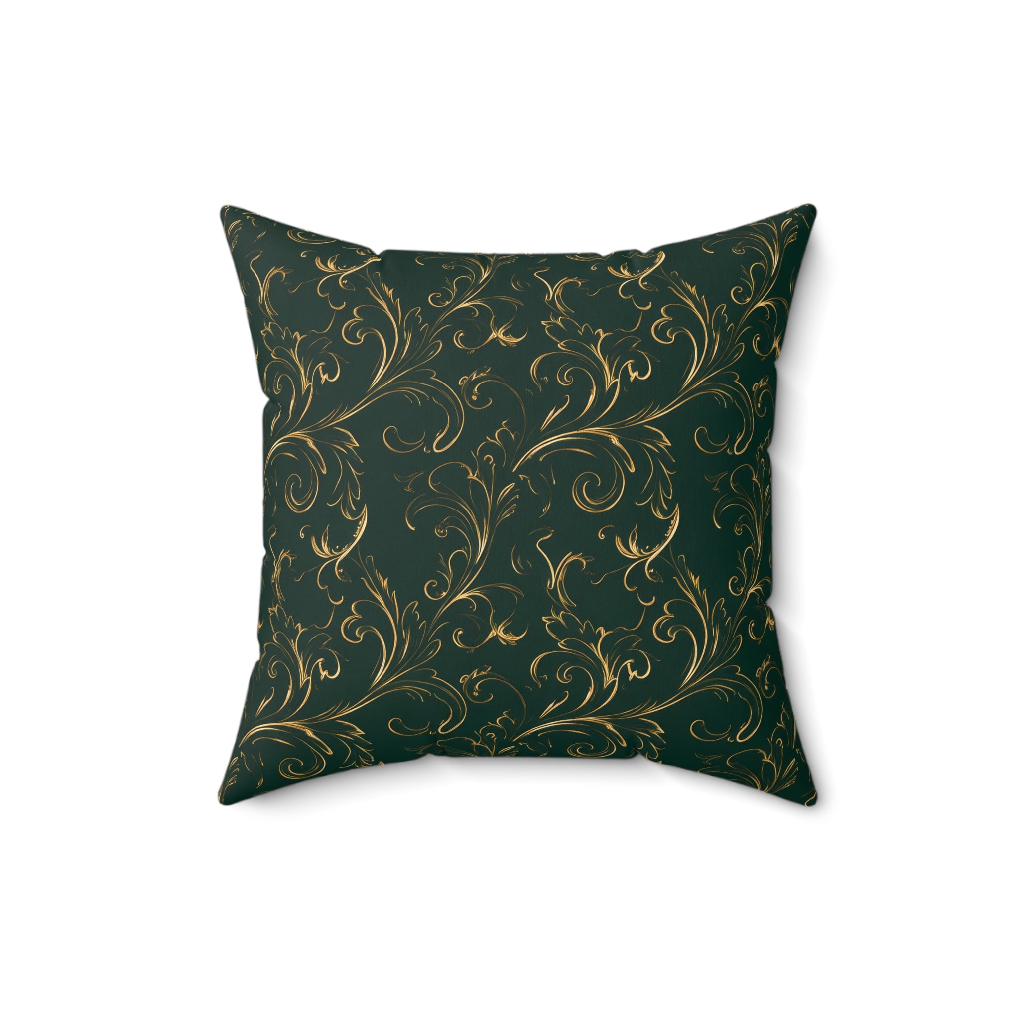 Dark Emerald Gold Flourish Throw Pillow